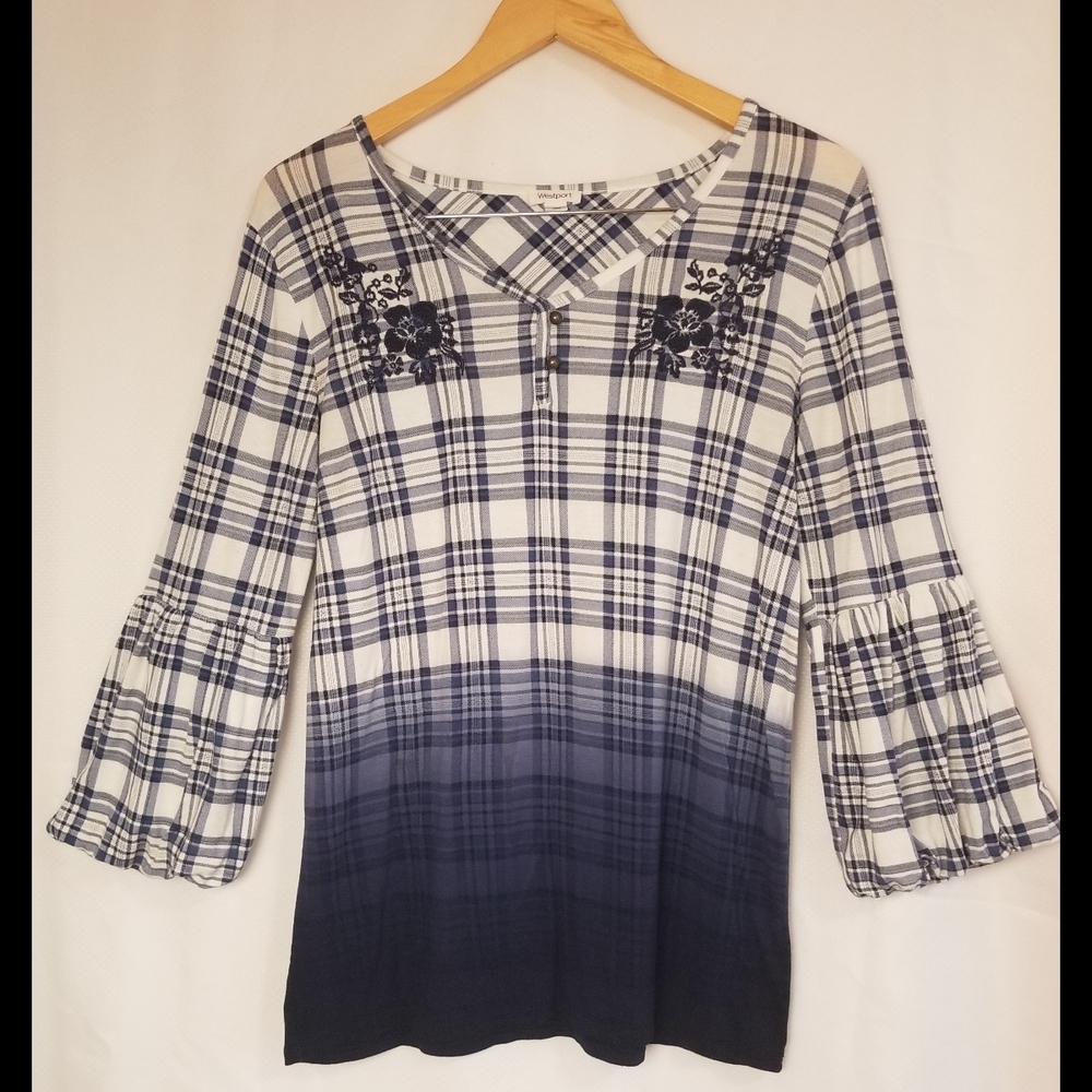 Westport Blue and White Plaid Blouse With Bell Sleeves Size Medium